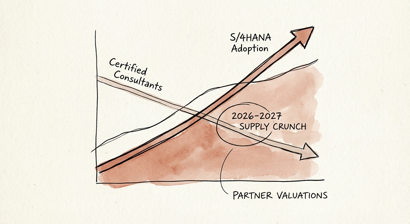Chart illustrating the SAP S/4HANA adoption curve vs the remaining capacity of certified consultants, highlighting the 2026-2027 supply crunch.
