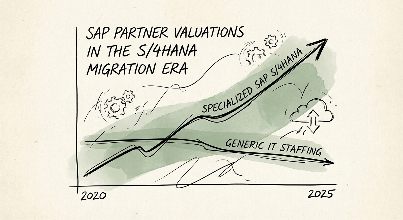 Graph showing the divergence in valuation multiples between generic IT staffing firms and specialized SAP S/4HANA consultancies from 2020 to 2025.