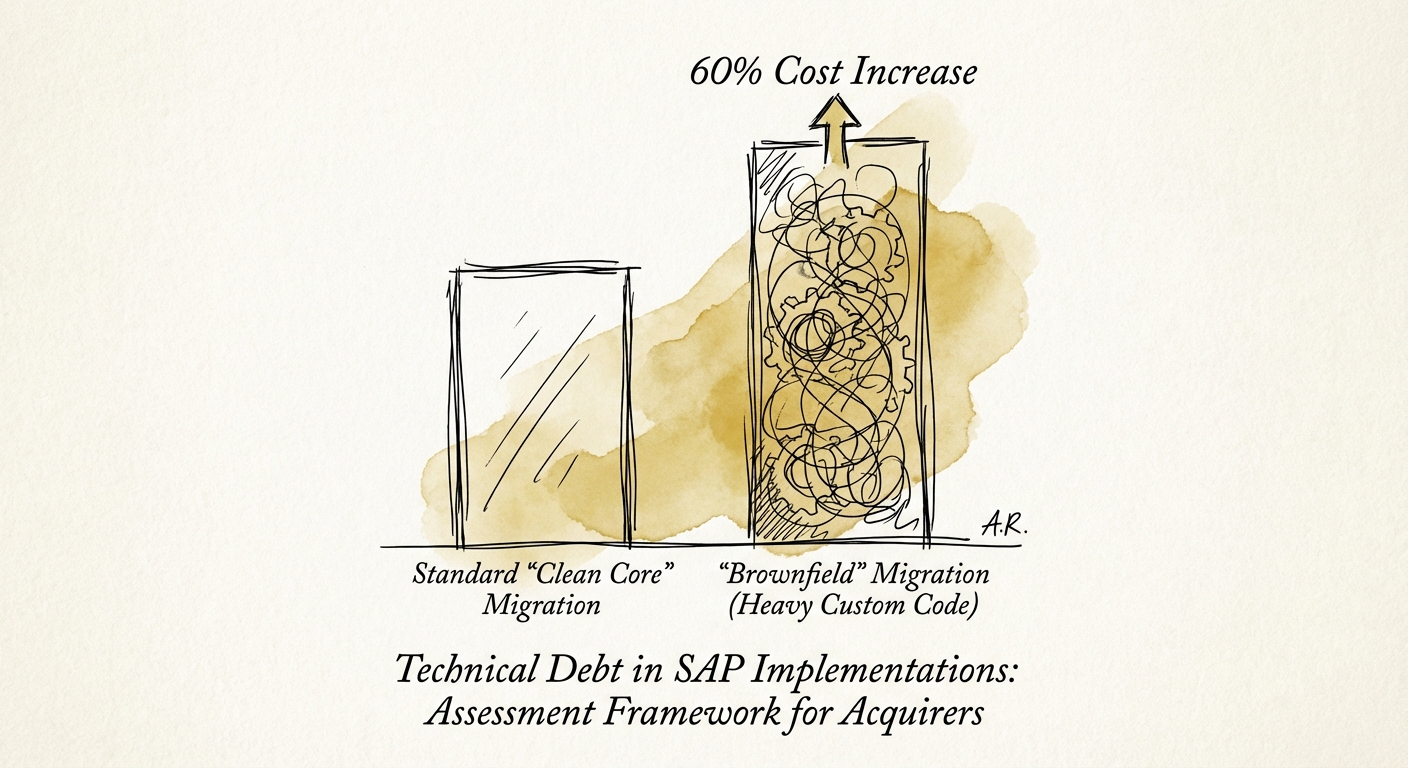 Bar chart comparing S/4HANA migration costs: Standard 'Clean Core' migration versus 'Brownfield' migration with heavy custom code, showing a 60% cost increase.
