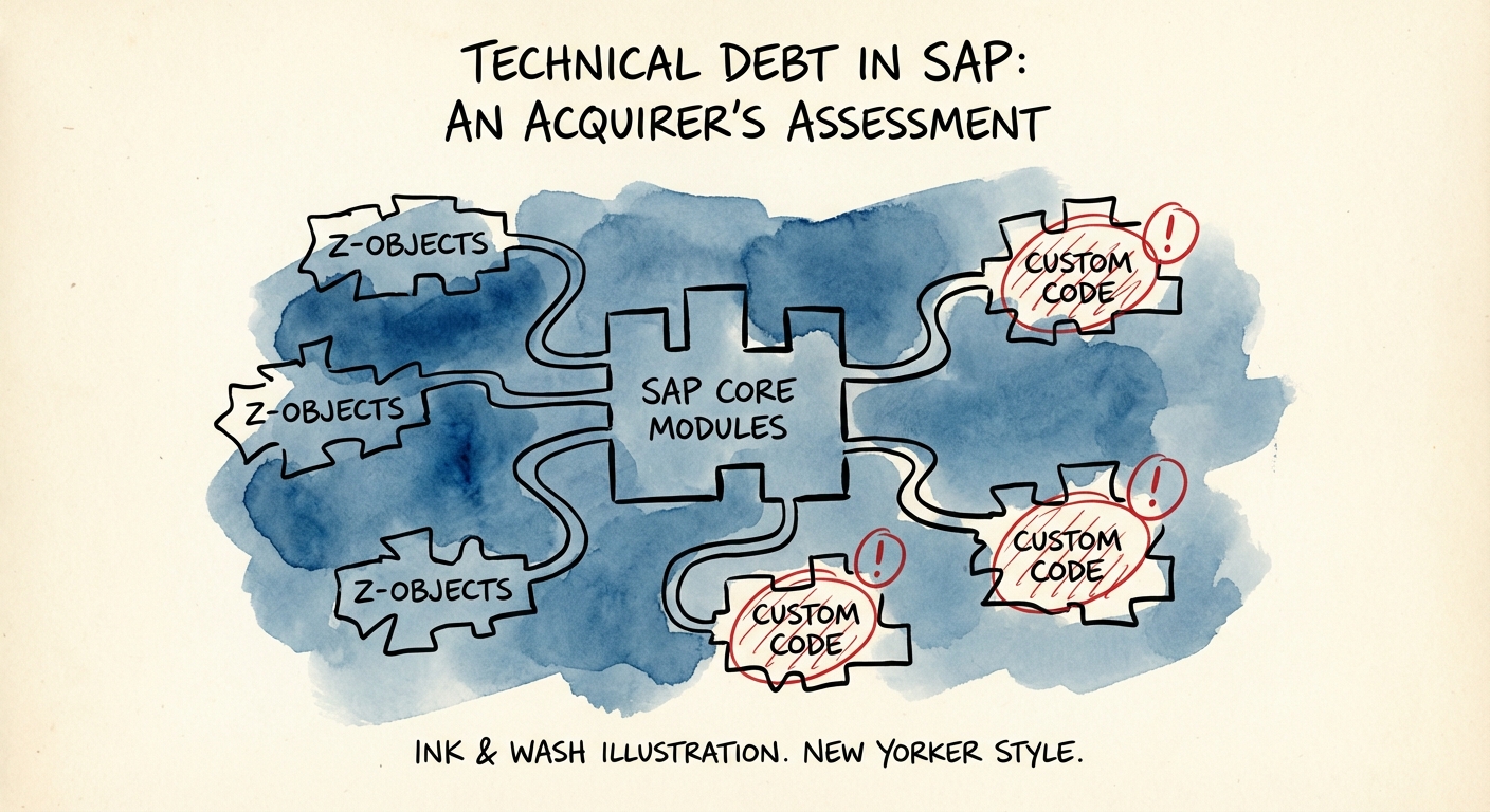 Digital illustration of an SAP landscape diagram with red warning indicators highlighting custom code 'Z-objects' versus standard core modules, representing technical debt risk.