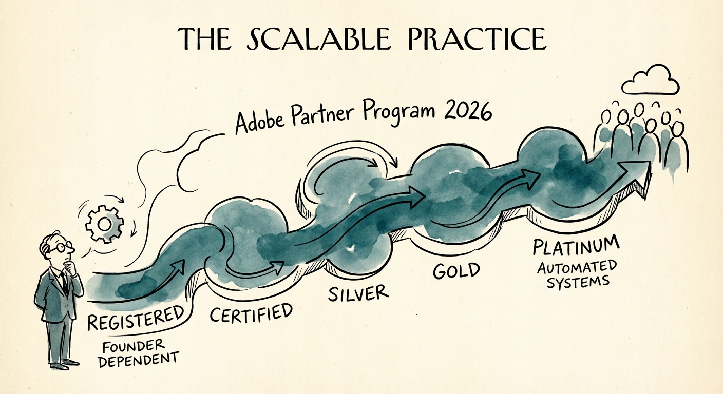 Diagram of the Adobe Partner Program 2026 unified structure showing the path from Registered to Platinum.