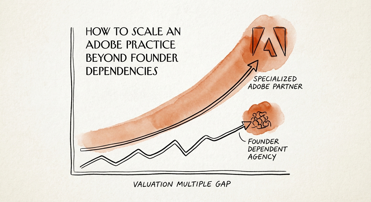 Graph showing the valuation multiple gap between founder-dependent Adobe agencies and specialized partners.
