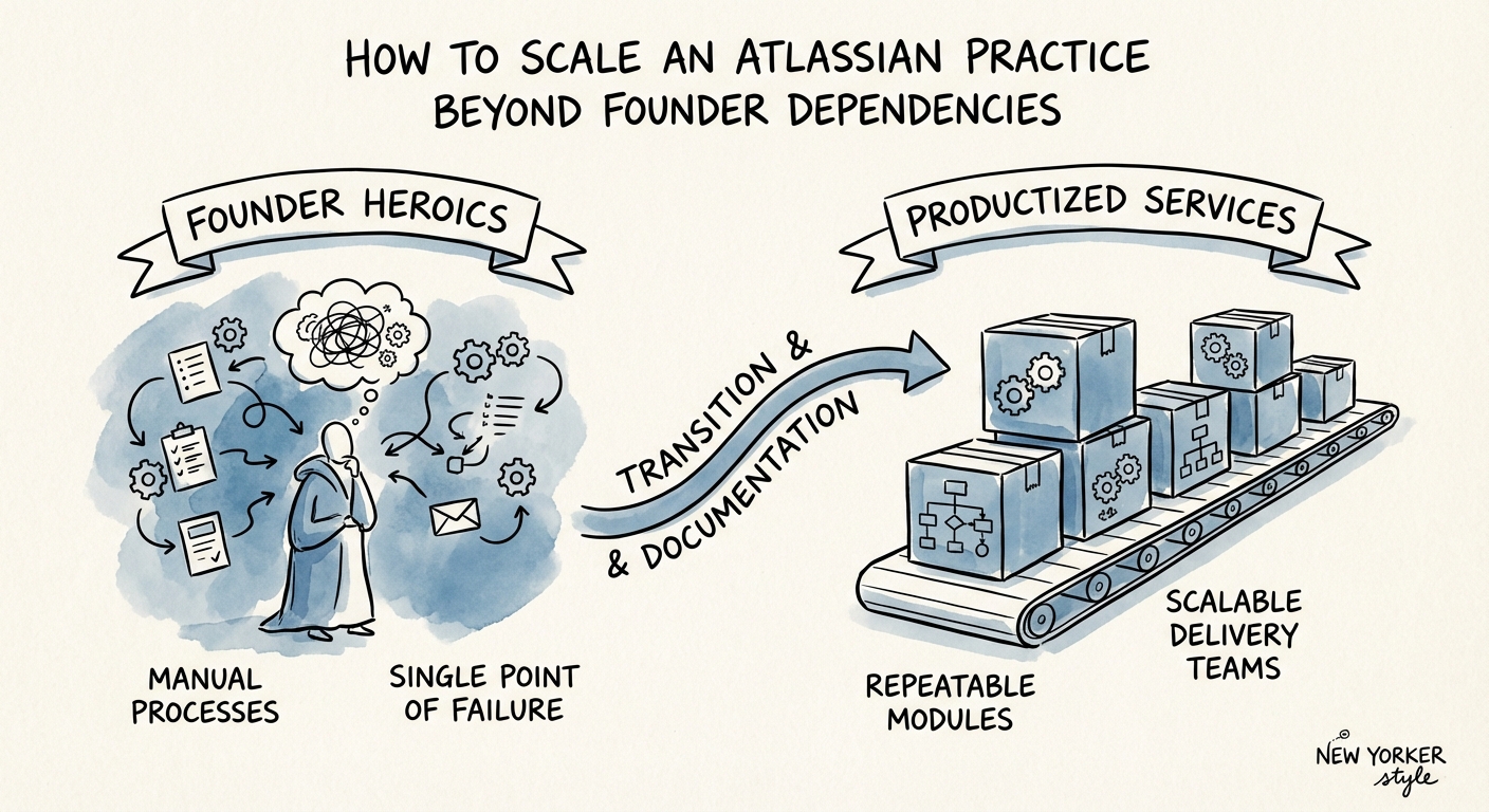 Diagram illustrating the transition from 'Founder Heroics' to 'Productized Services' in an IT services firm.