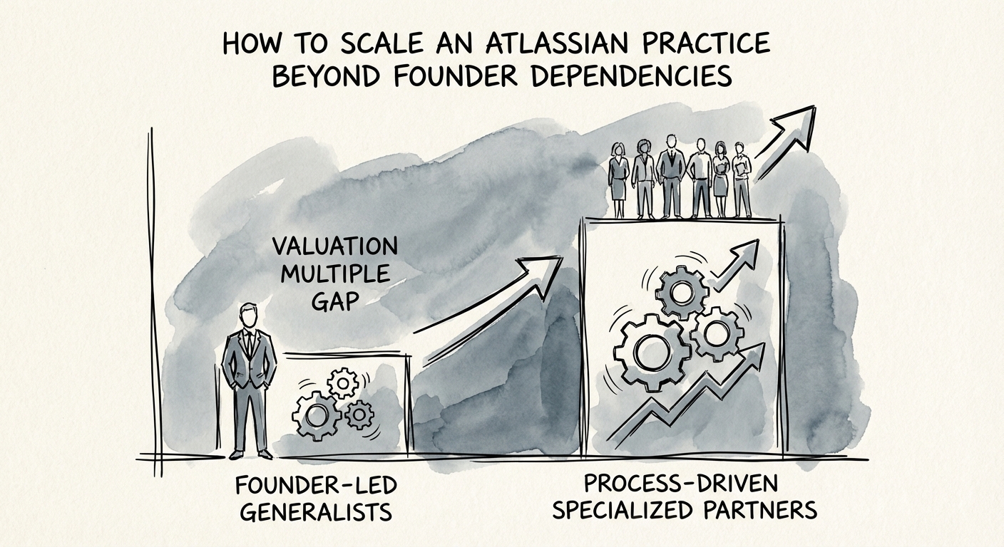 Chart showing the valuation multiple gap between founder-led Atlassian generalists and process-driven specialized partners.