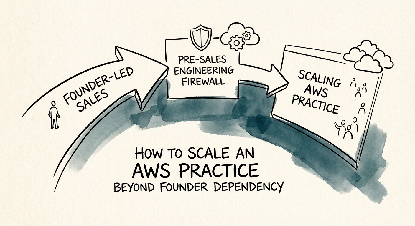 Diagram illustrating the transition from founder-led sales to a pre-sales engineering firewall