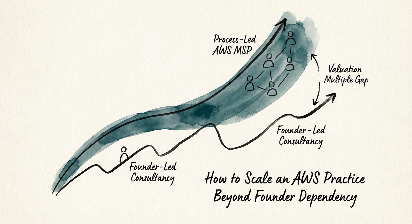 Graph showing the valuation multiple gap between founder-led consultancies and process-led AWS MSPs