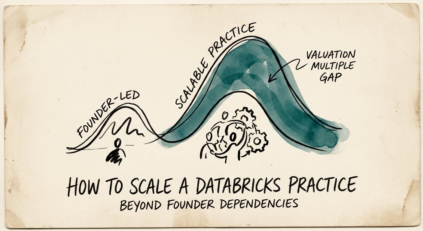 Graph showing the valuation multiple gap between founder-led and scalable Databricks practices