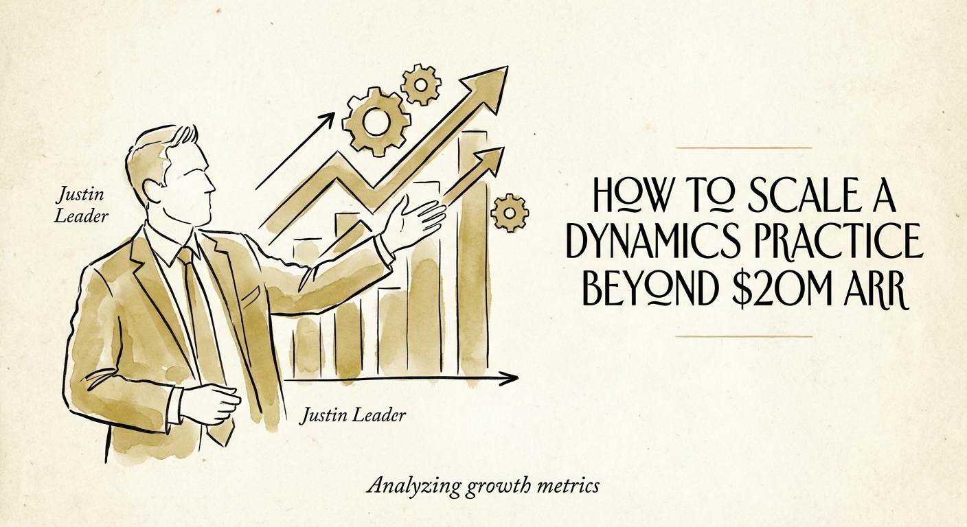 Justin Leader analyzing Microsoft Dynamics 365 growth metrics and utilization charts for a scaling services firm.