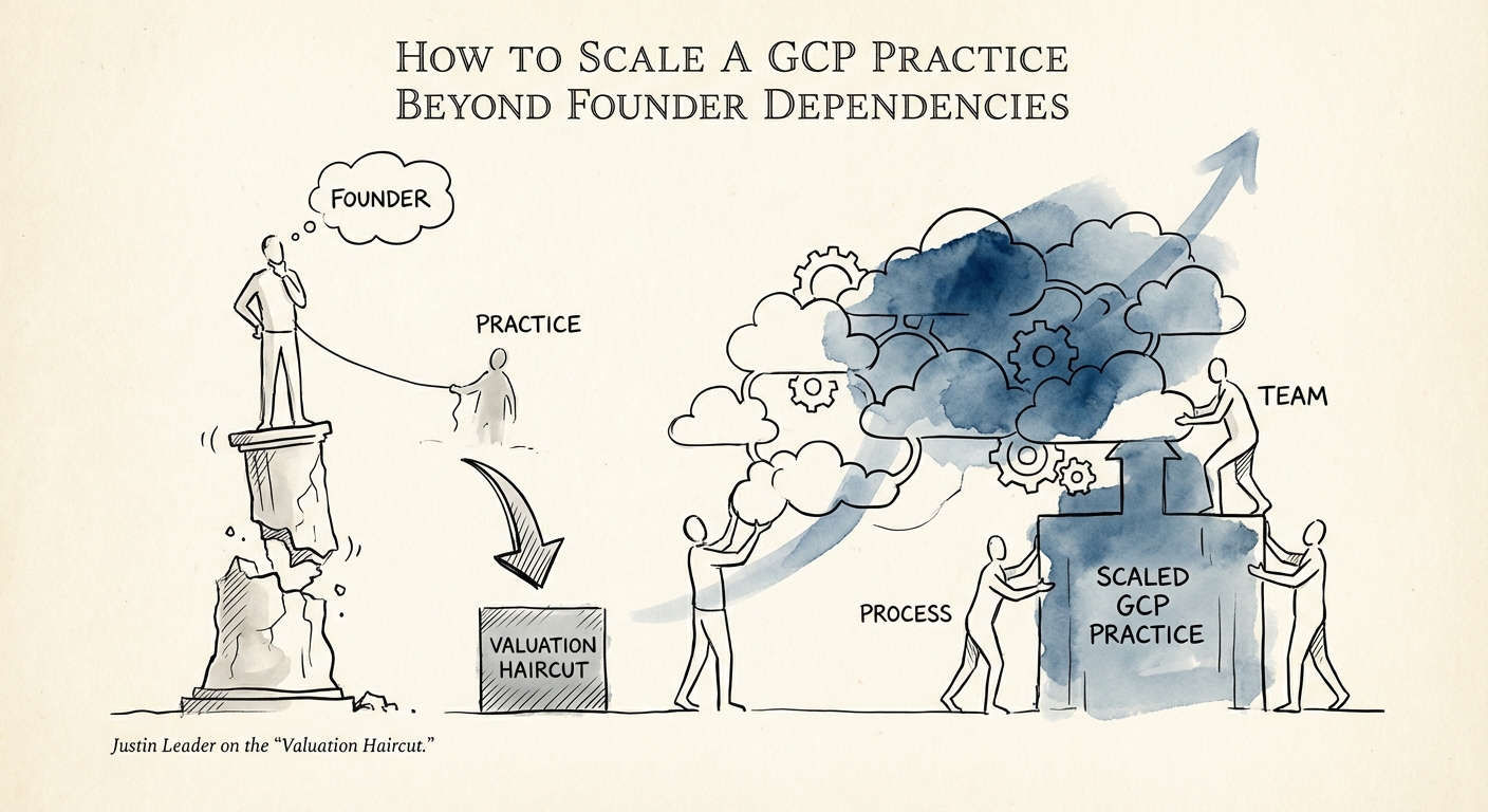 Justin Leader explaining the valuation haircut of founder dependency in a GCP practice