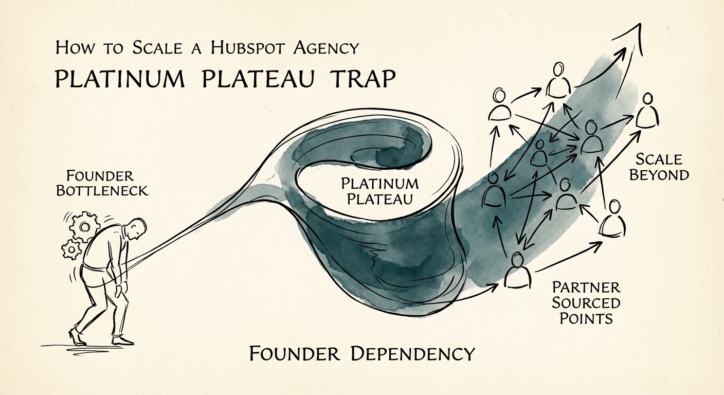 Diagram illustrating the 'Platinum Plateau' trap: Founder bottleneck vs. Partner Sourced Points requirements.