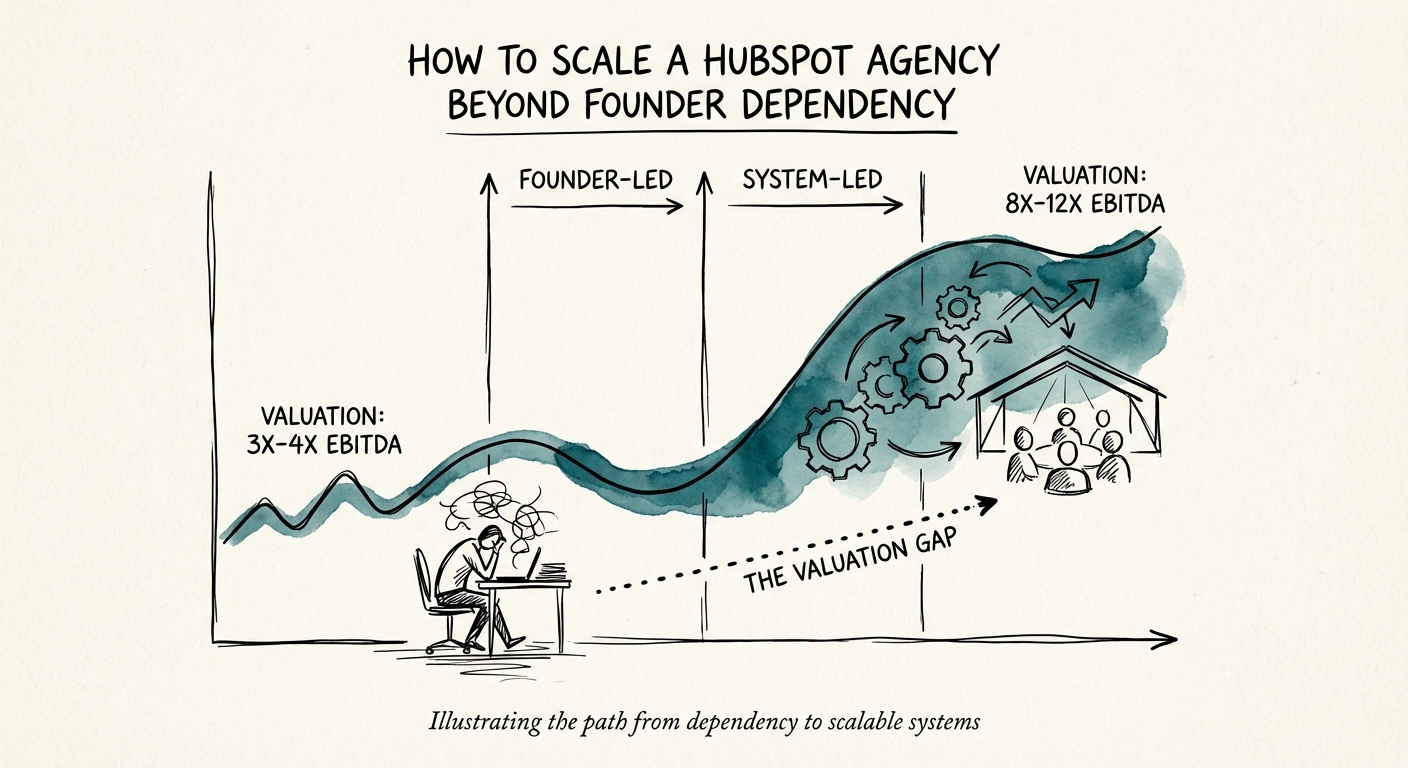 Chart showing the valuation gap between founder-led agencies (3x-4x EBITDA) and system-led agencies (8x-12x EBITDA).