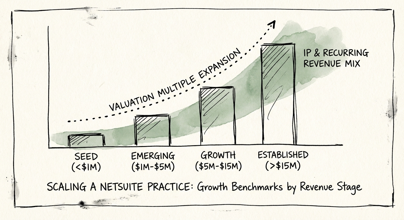 Chart showing valuation multiple expansion for NetSuite partners based on IP and recurring revenue mix.