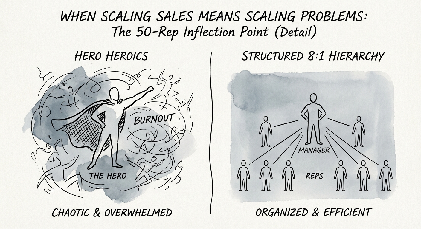 Diagram comparing 'Founder Heroics' sales model versus a structured
'8:1 Span of Control' management hierarchy