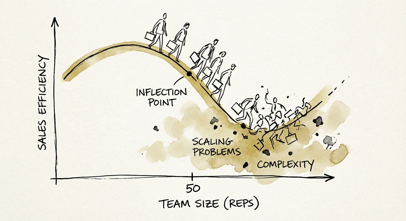 Graph showing the decline of sales efficiency as team size exceeds 50 representatives