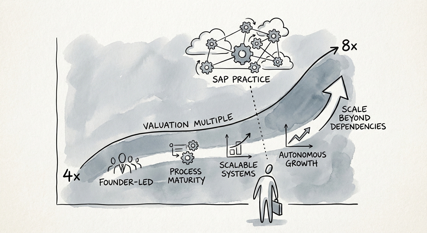 Chart showing valuation multiple expansion from 4x to 8x based on process maturity