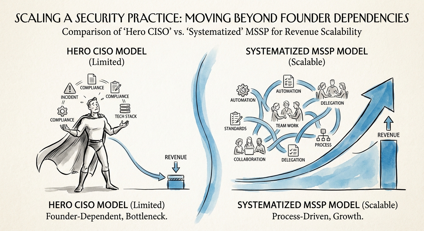 Comparison infographic of 'Hero CISO' model vs. 'Systematized' MSSP model showing revenue scalability.