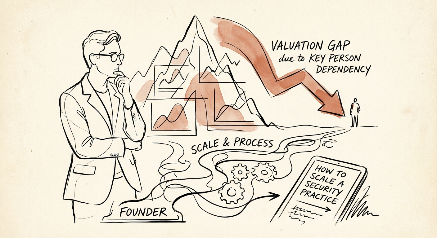 Founder of a security firm analyzing a valuation gap chart showing the discount for key person dependency.