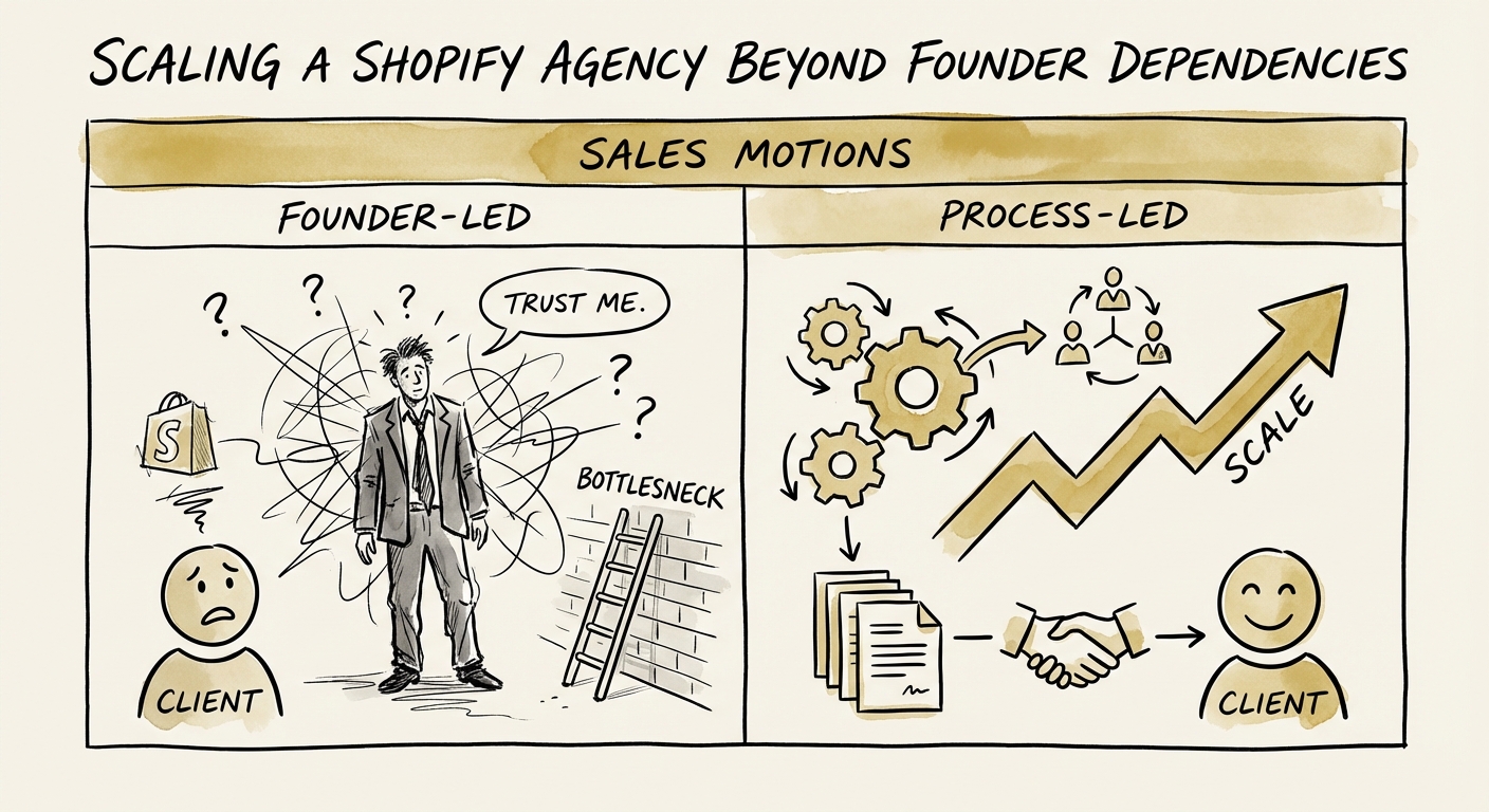 Comparison table of 'Founder-Led' vs. 'Process-Led' sales motions in Shopify Plus agencies.