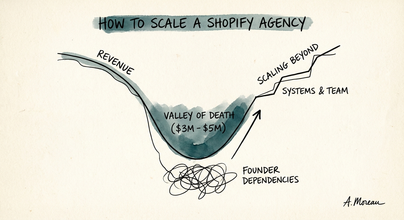 Diagnostic chart showing the 'Valley of Death' for Shopify agencies between $3M and $5M revenue due to founder dependencies.