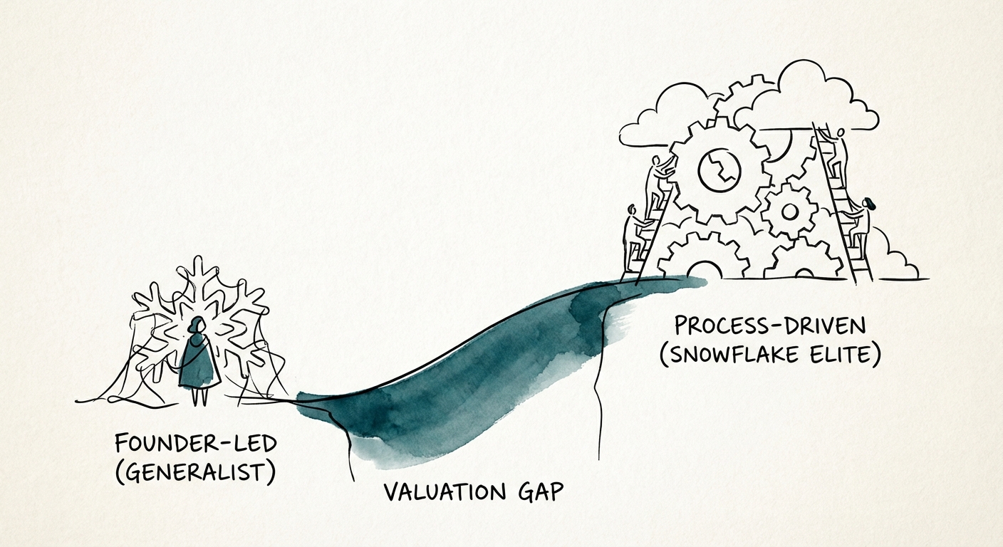A graphical representation of the valuation gap between founder-led generalist firms and process-driven Snowflake Elite partners.