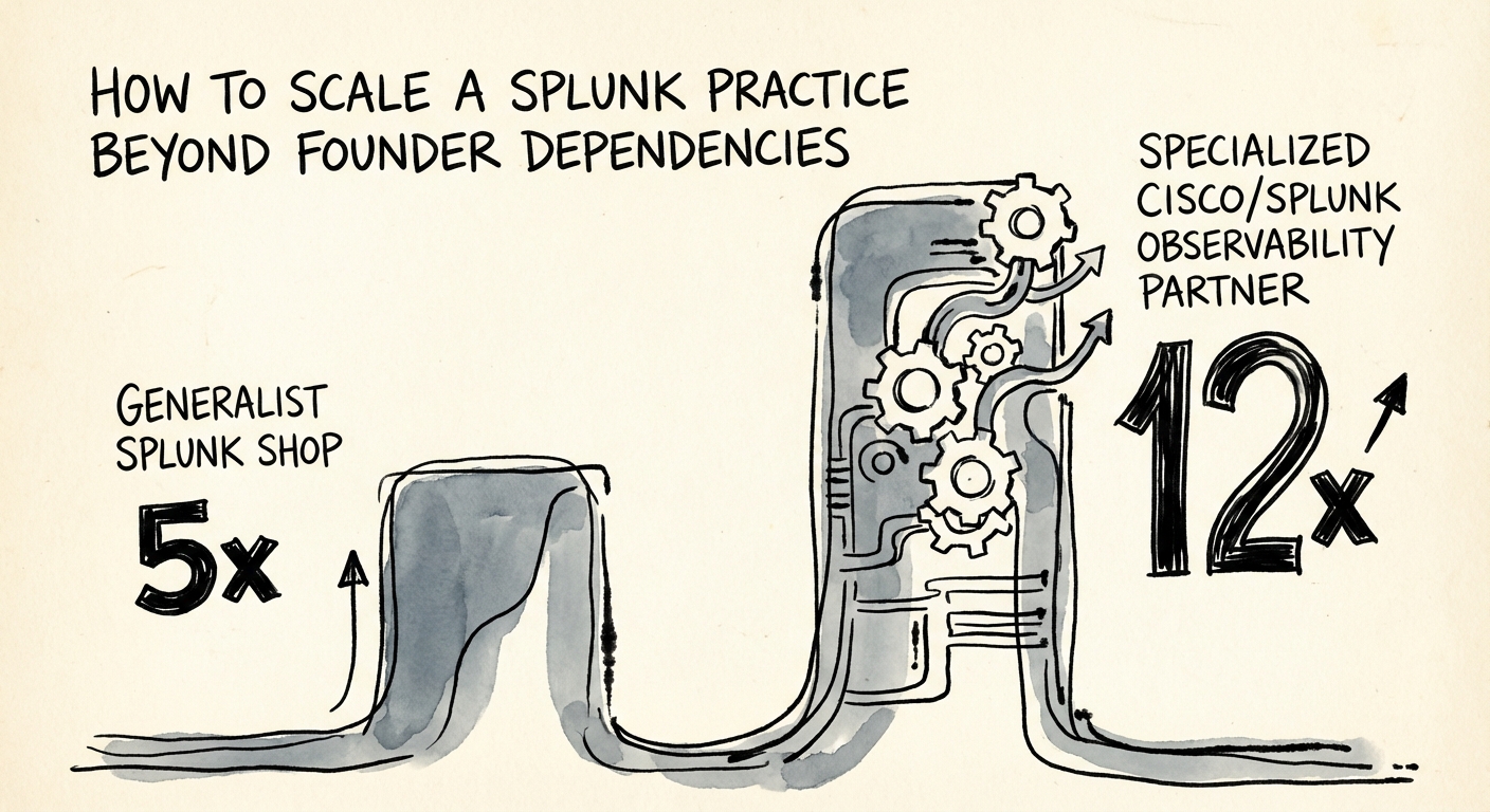 Comparison chart of Valuation Multiples: Generalist Splunk Shop (5x) vs. Specialized Cisco/Splunk Observability Partner (12x).