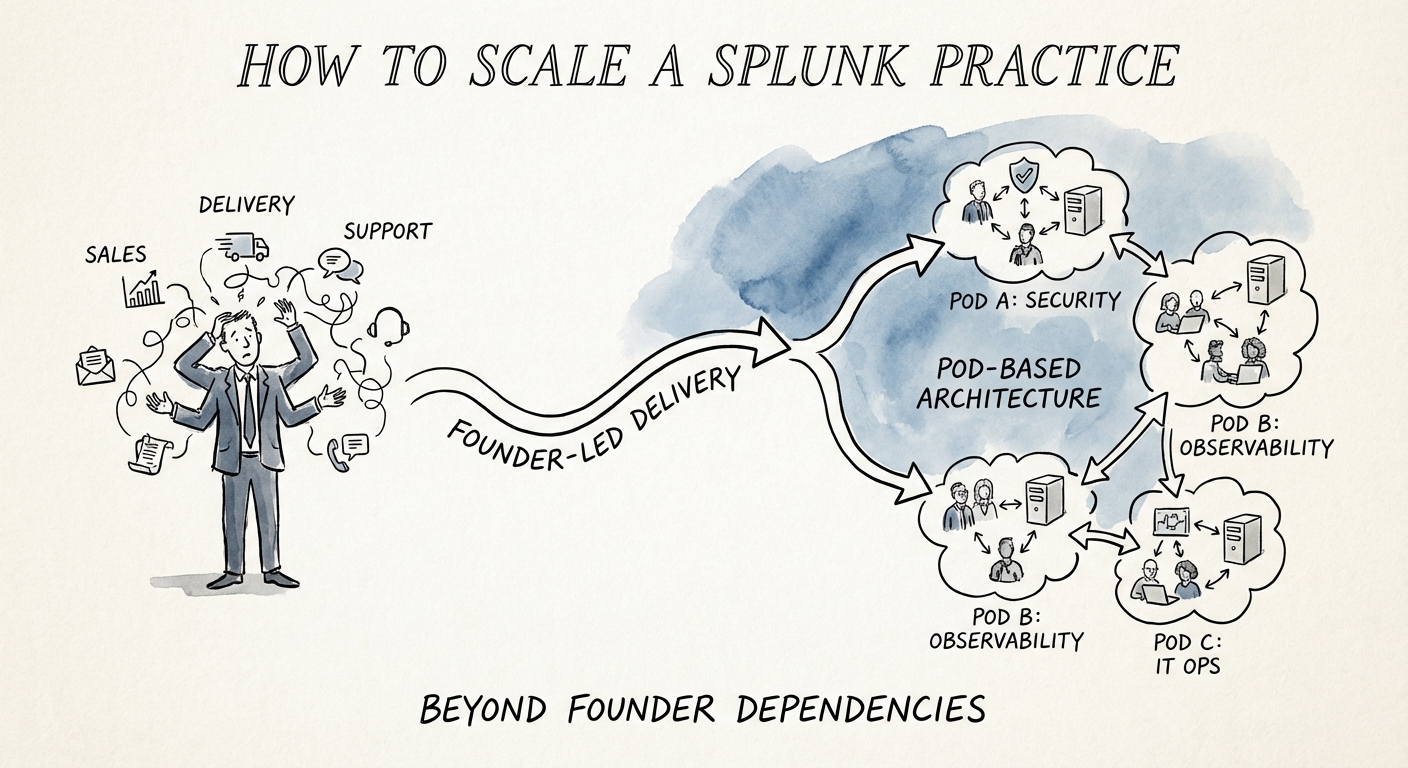Scaling a Splunk Practice: Visual diagram showing the transition from Founder-Led Delivery to Pod-Based Architecture.