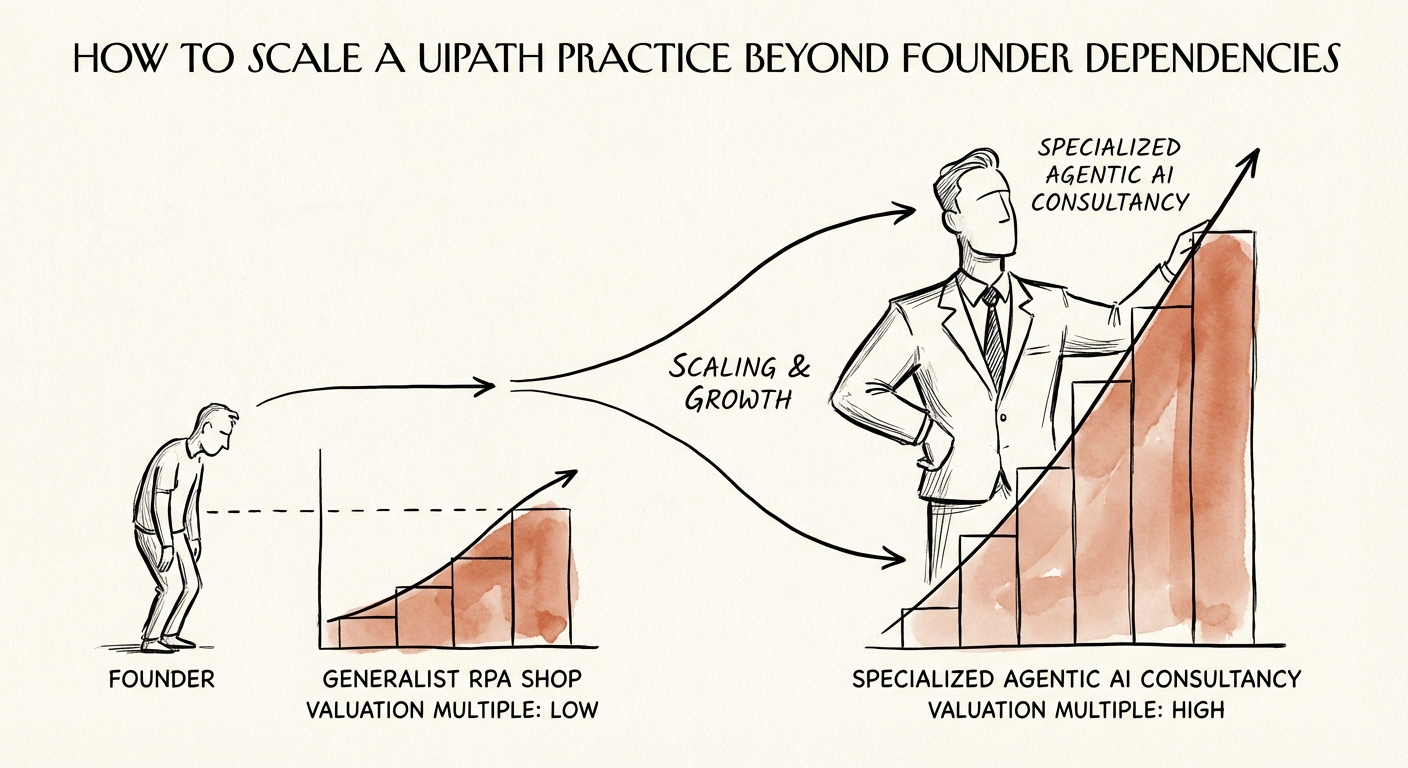 Chart showing valuation multiples for Generalist RPA Shops vs Specialized Agentic AI Consultancies