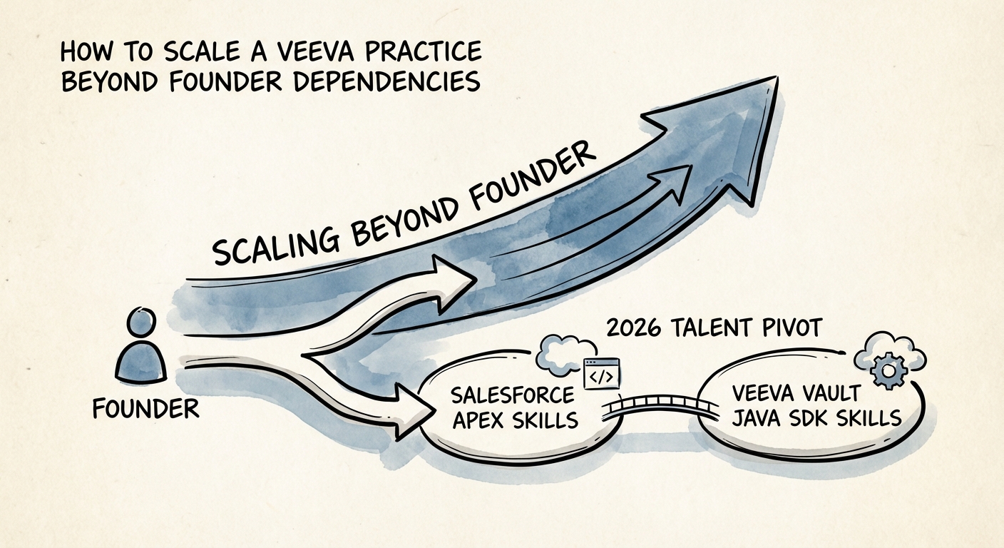 Diagram showing the talent pivot required from Salesforce Apex skills to Veeva Vault Java SDK skills for 2026.