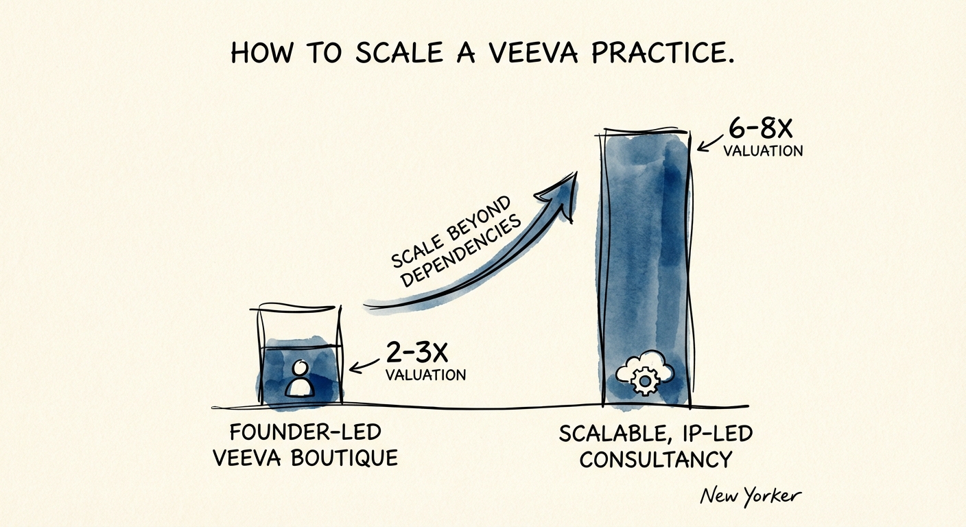 Chart comparing valuation multiples of founder-led Veeva boutiques versus scalable, IP-led Life Sciences consultancies.