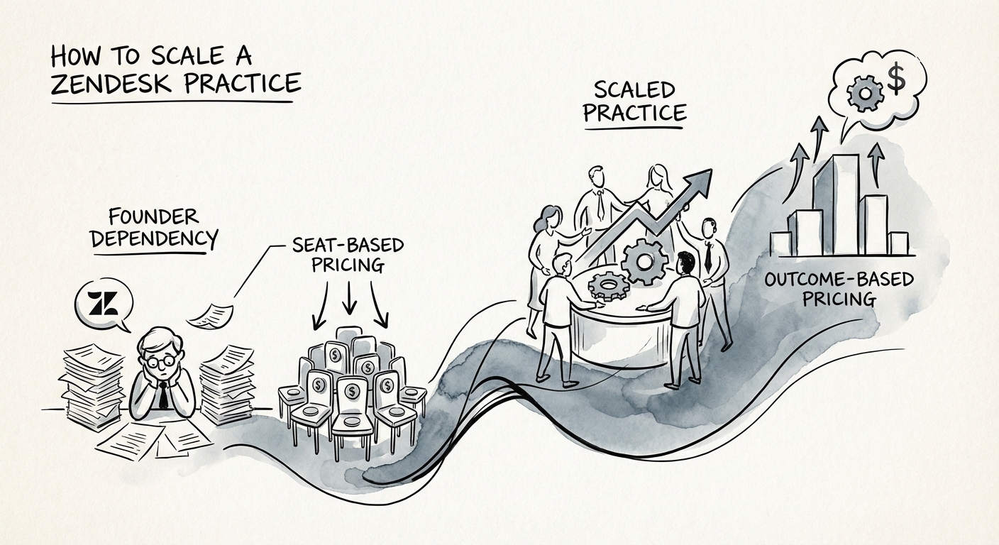 Chart illustrating the shift from seat-based pricing to outcome-based pricing in the Zendesk partner ecosystem.
