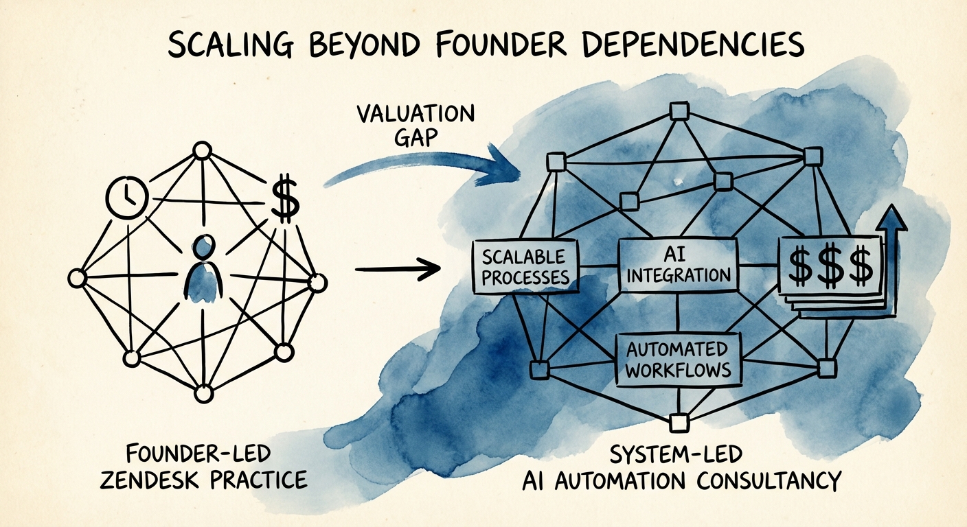 Diagram showing the valuation gap between founder-led Zendesk practices and system-led AI automation consultancies.