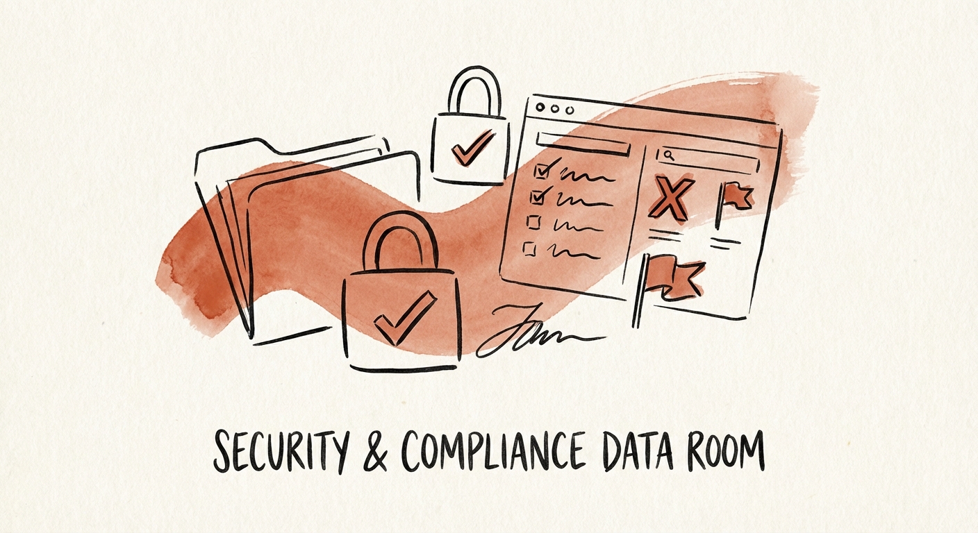 M&A data room dashboard showing security compliance checklists and red flag indicators