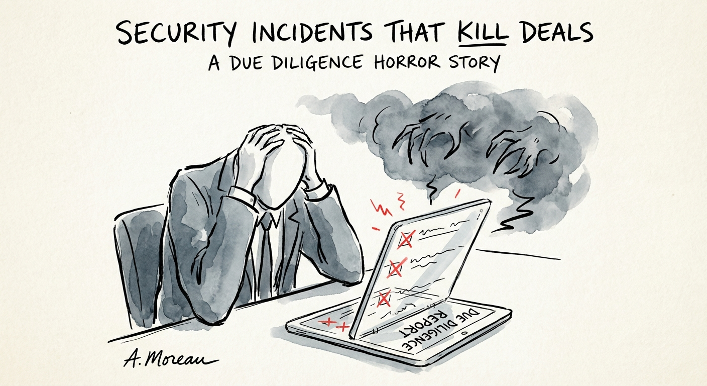 A stressed executive looking at a due diligence report with red warning indicators on a digital screen.