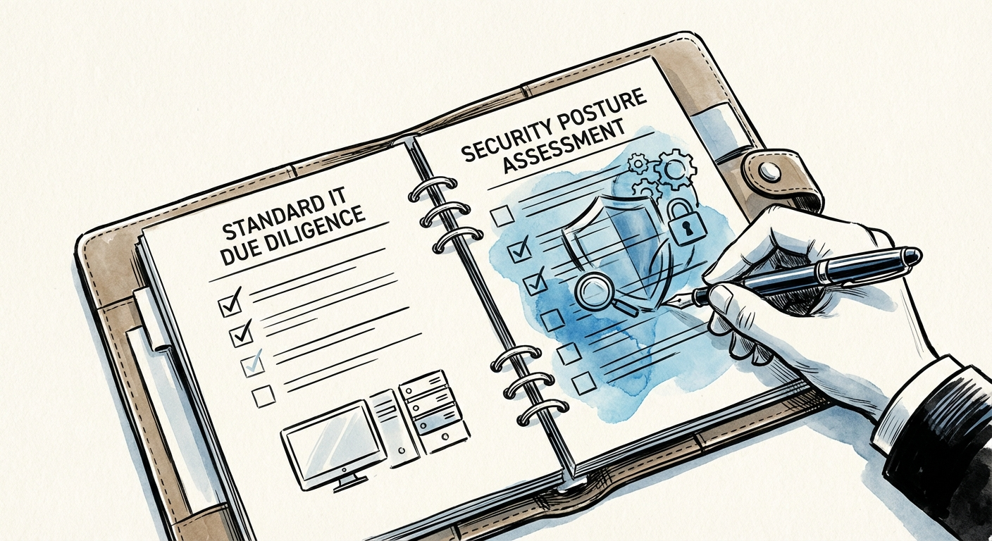 Visual checklist comparing standard IT due diligence vs security posture assessment depth
