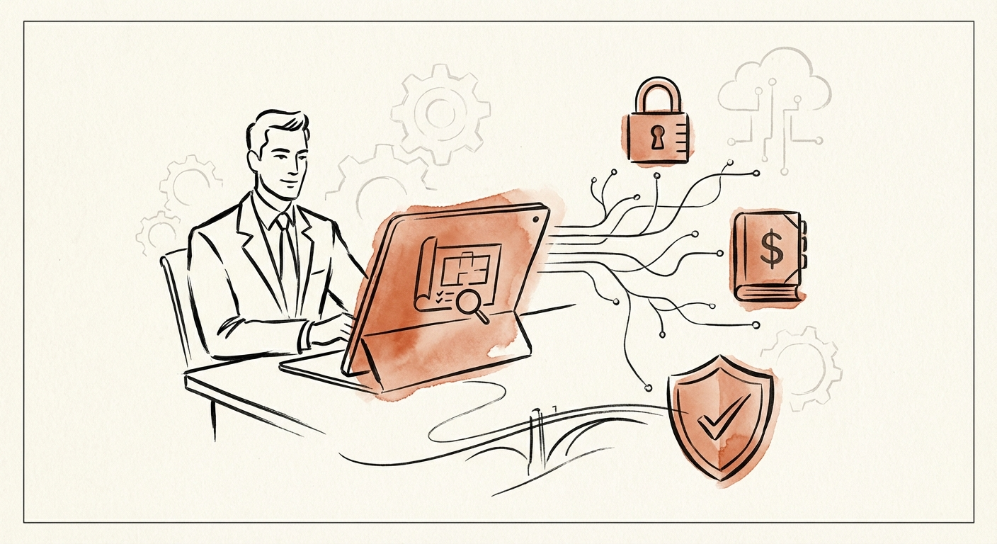 Private Equity Operating Partner reviewing a digital security dashboard during M&A due diligence
