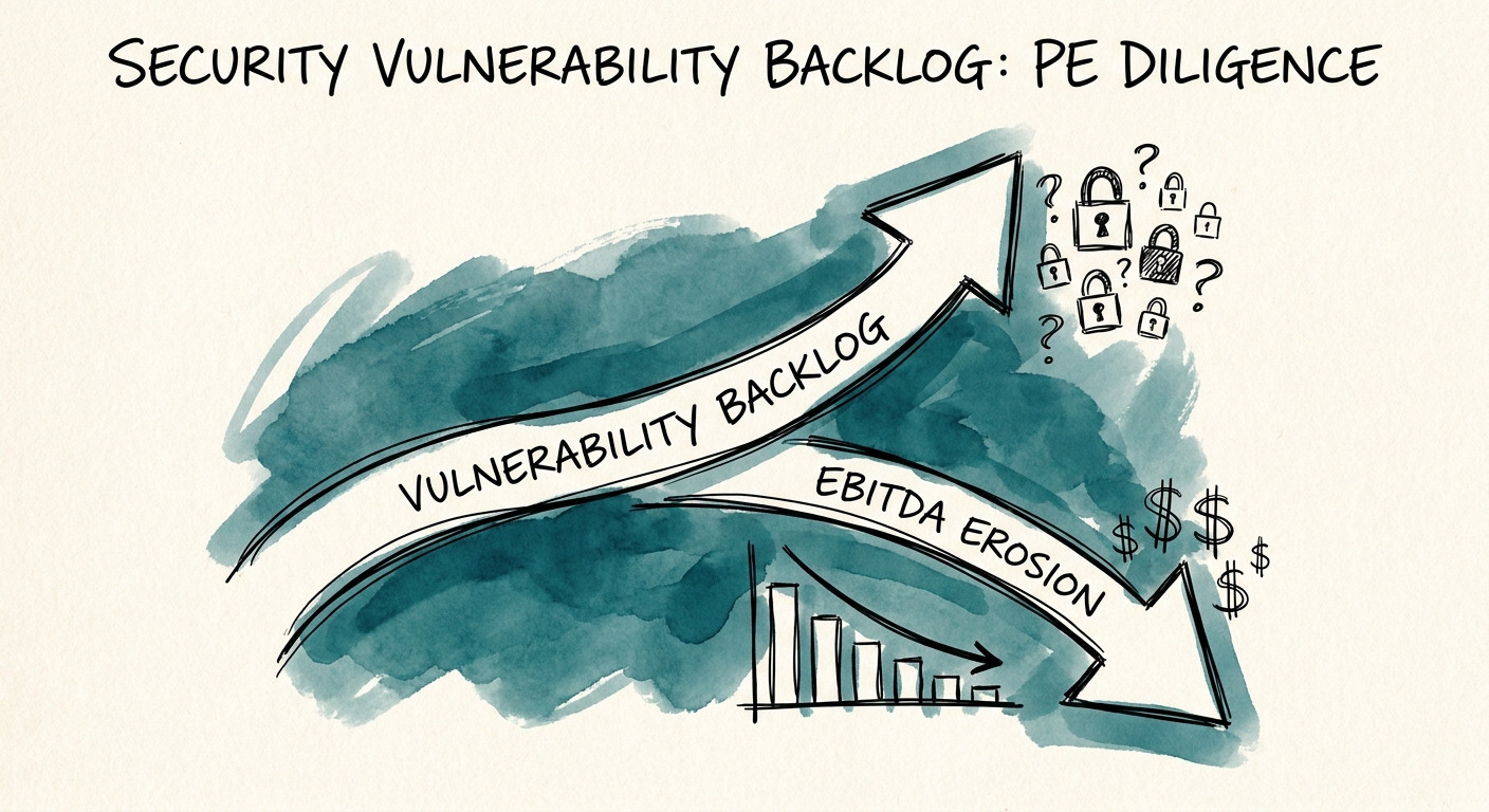 A chart illustrating the direct correlation between unresolved security vulnerability backlogs and EBITDA erosion post-close.