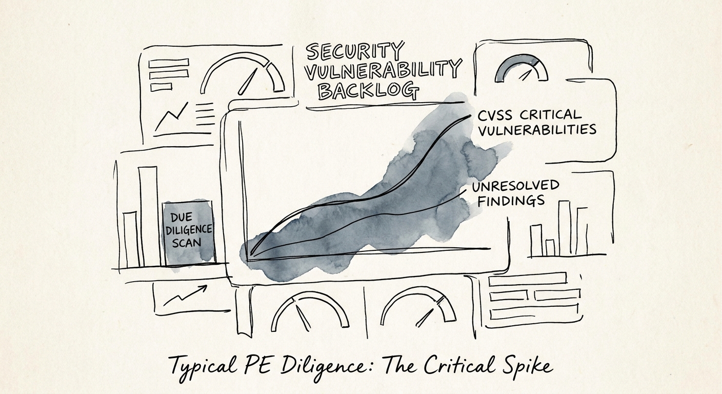 A dashboard showing a massive spike in unresolved CVSS critical vulnerabilities during a due diligence technical scan.