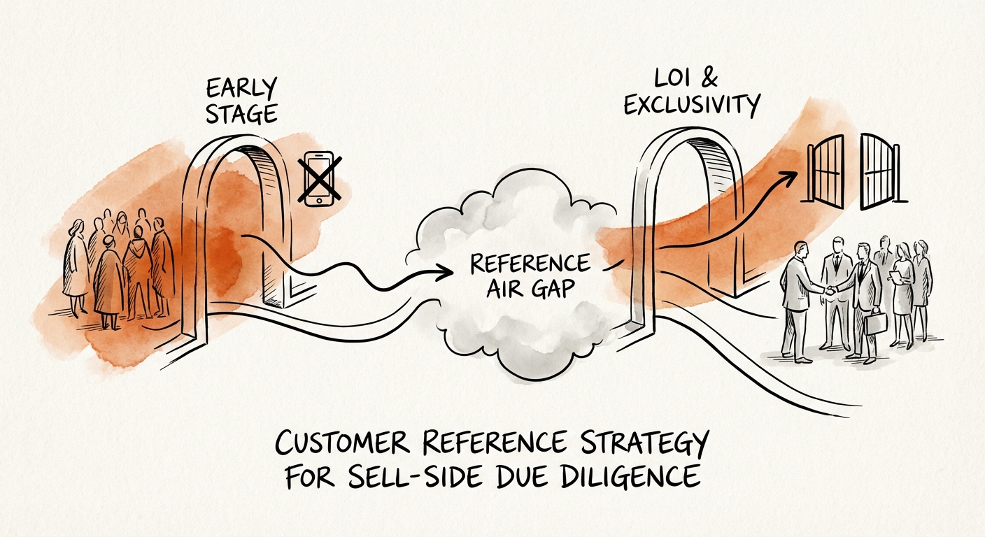 Diagram showing the 'Reference Air Gap' timeline: limiting buyer access to customers until LOI and exclusivity stages.
