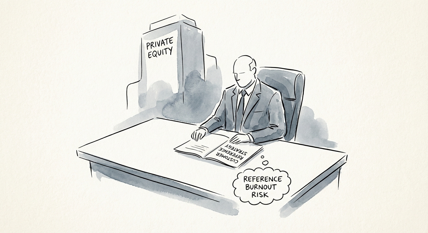 CEO reviewing a customer reference strategy document for private equity due diligence, highlighting the risk of reference burnout.