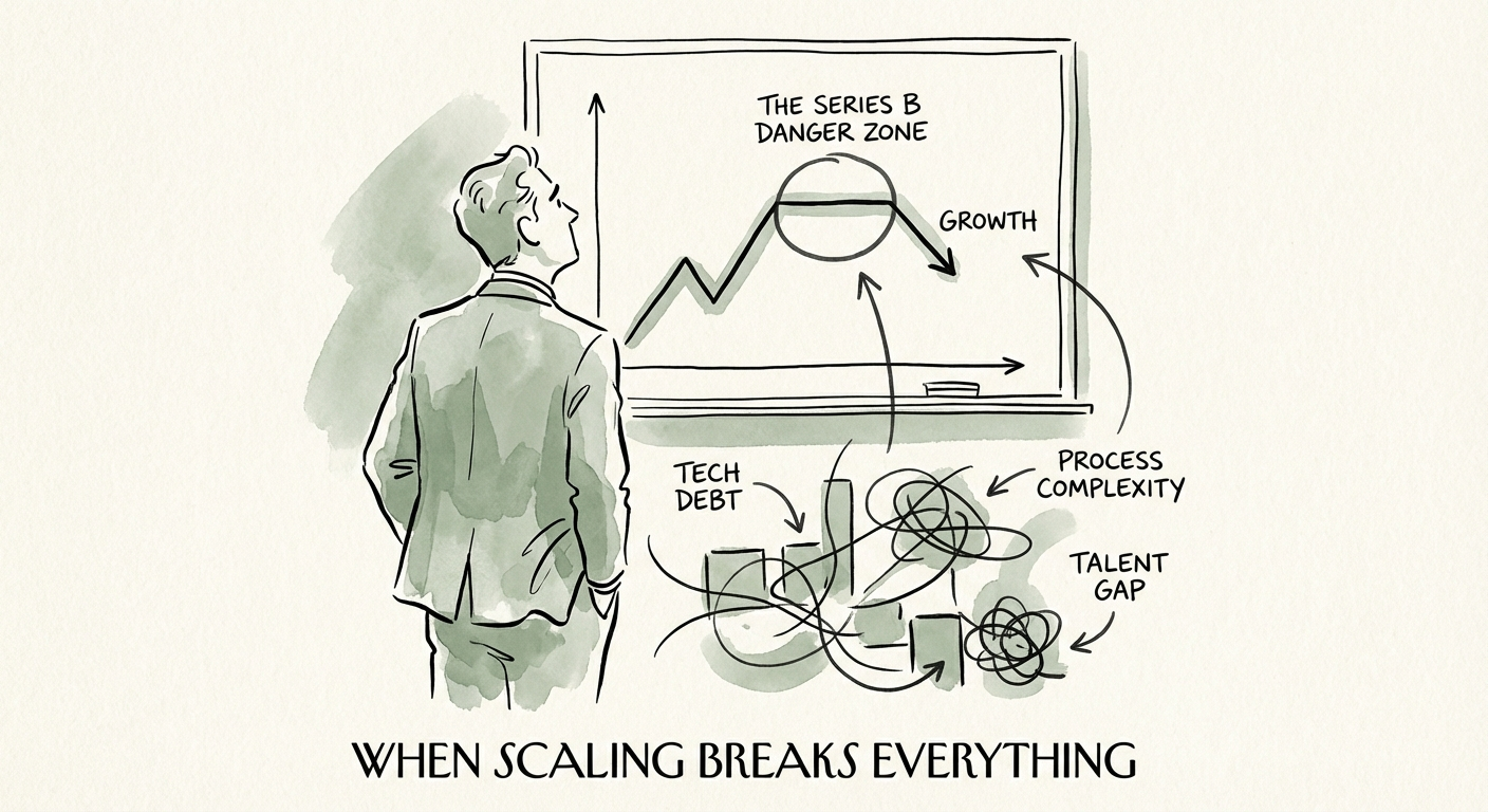 Founder looking at a stalled growth chart with operational bottlenecks highlighted