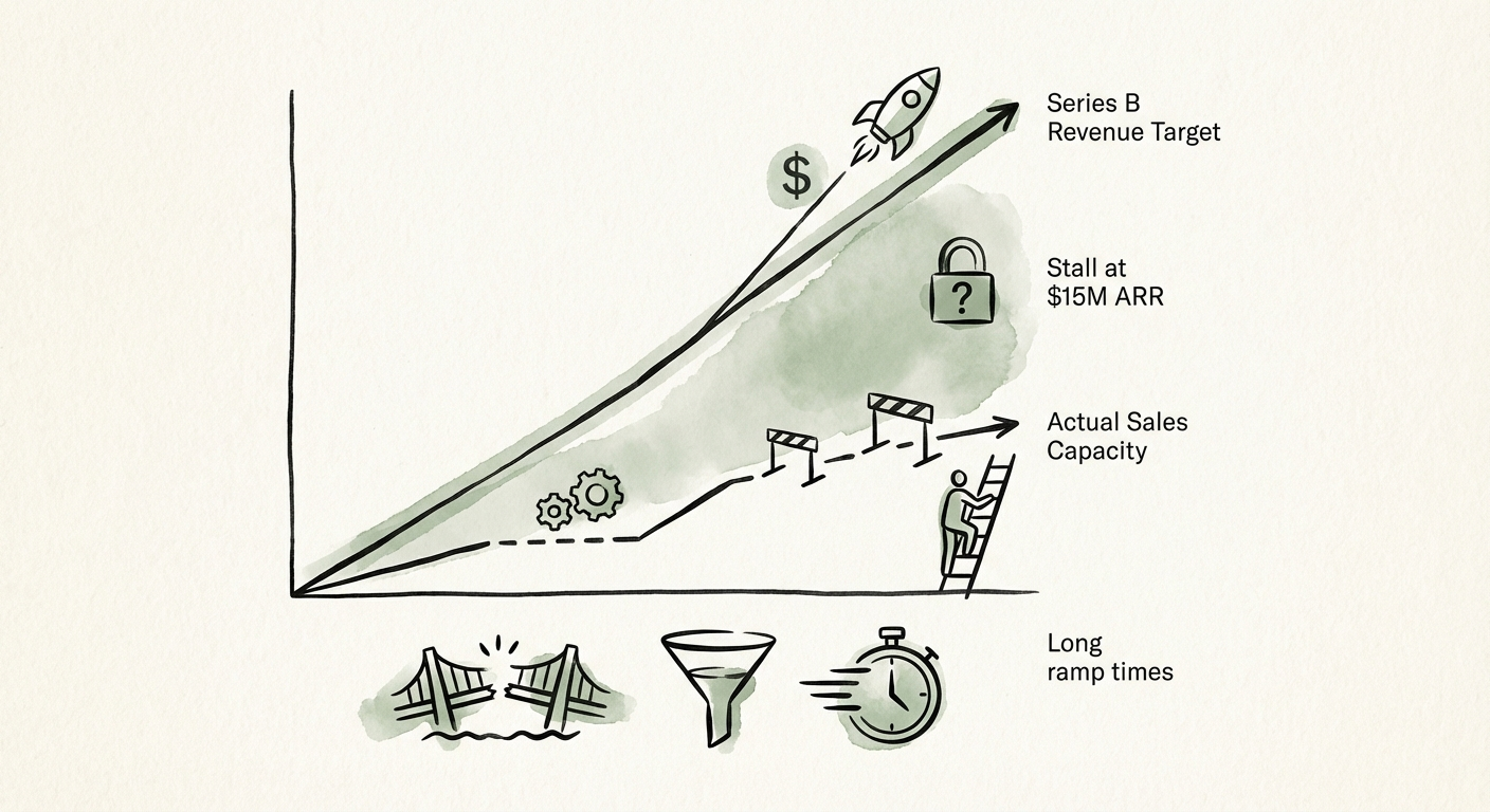 A diagnostic chart showing the gap between Series B revenue targets and actual sales capacity due to long ramp times.