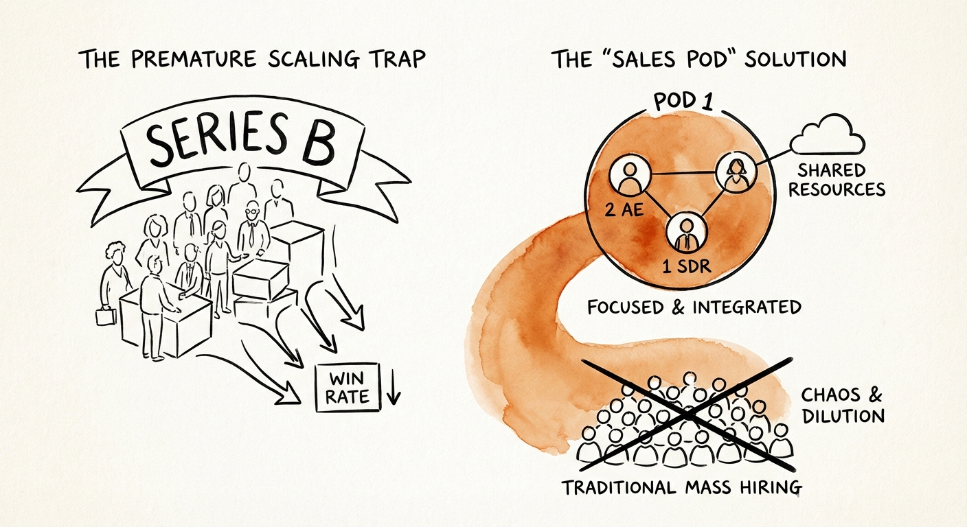 Diagram illustrating the 'Sales Pod' structure: 2 AEs, 1 SDR, and shared technical resources vs traditional mass hiring.