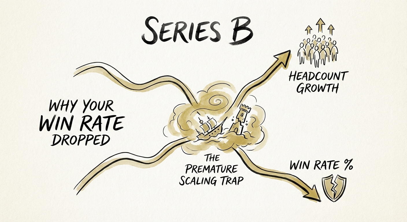 Chart showing the inverse relationship between sales headcount growth and win rate percentage in Series B companies.
