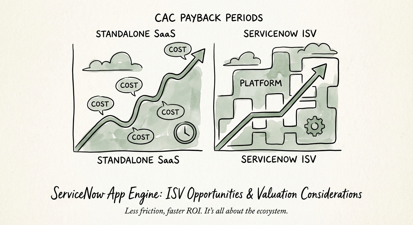 Chart comparing standalone SaaS CAC payback periods versus ServiceNow ISV benchmarks