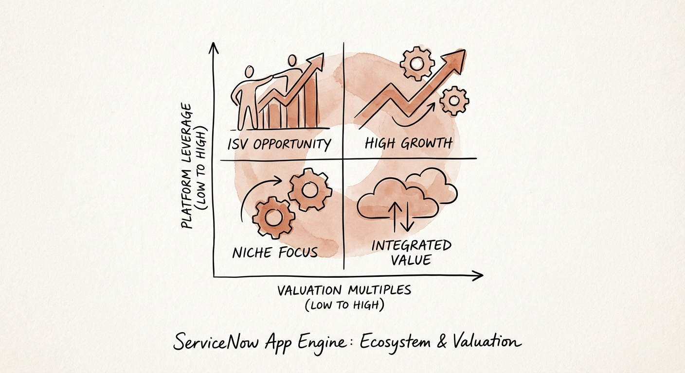ServiceNow App Engine Ecosystem Valuation Matrix showing trade-offs between platform leverage and valuation multiples