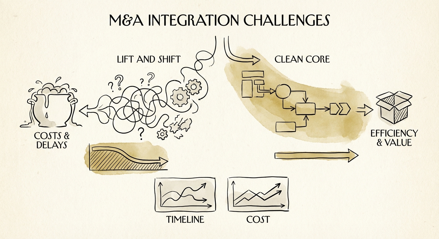 A comparative chart showing the timeline and cost differences between 'Lift and Shift' vs. 'Clean Core' integration strategies.