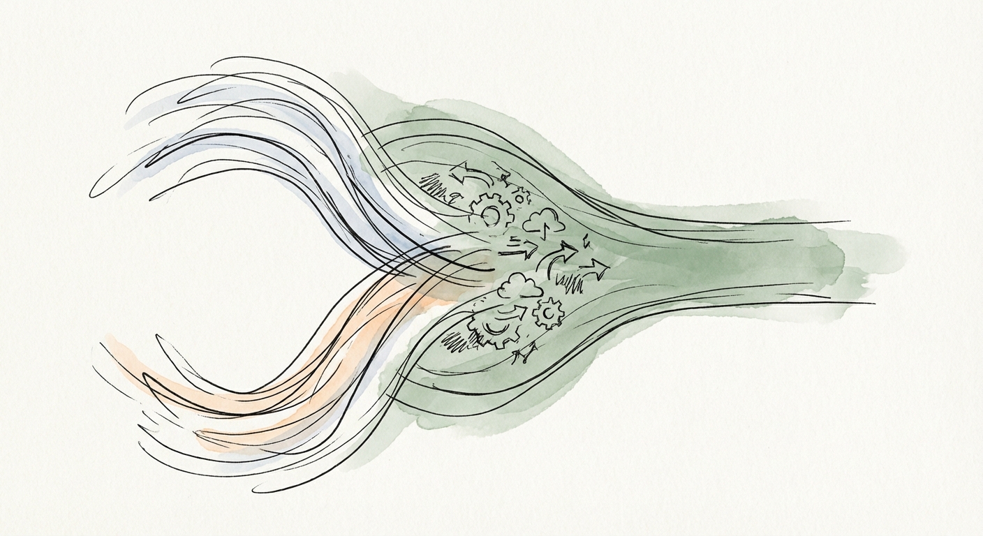 Abstract digital illustration of two distinct blue and orange data streams merging into a single, organized flow, representing ServiceNow instance consolidation.