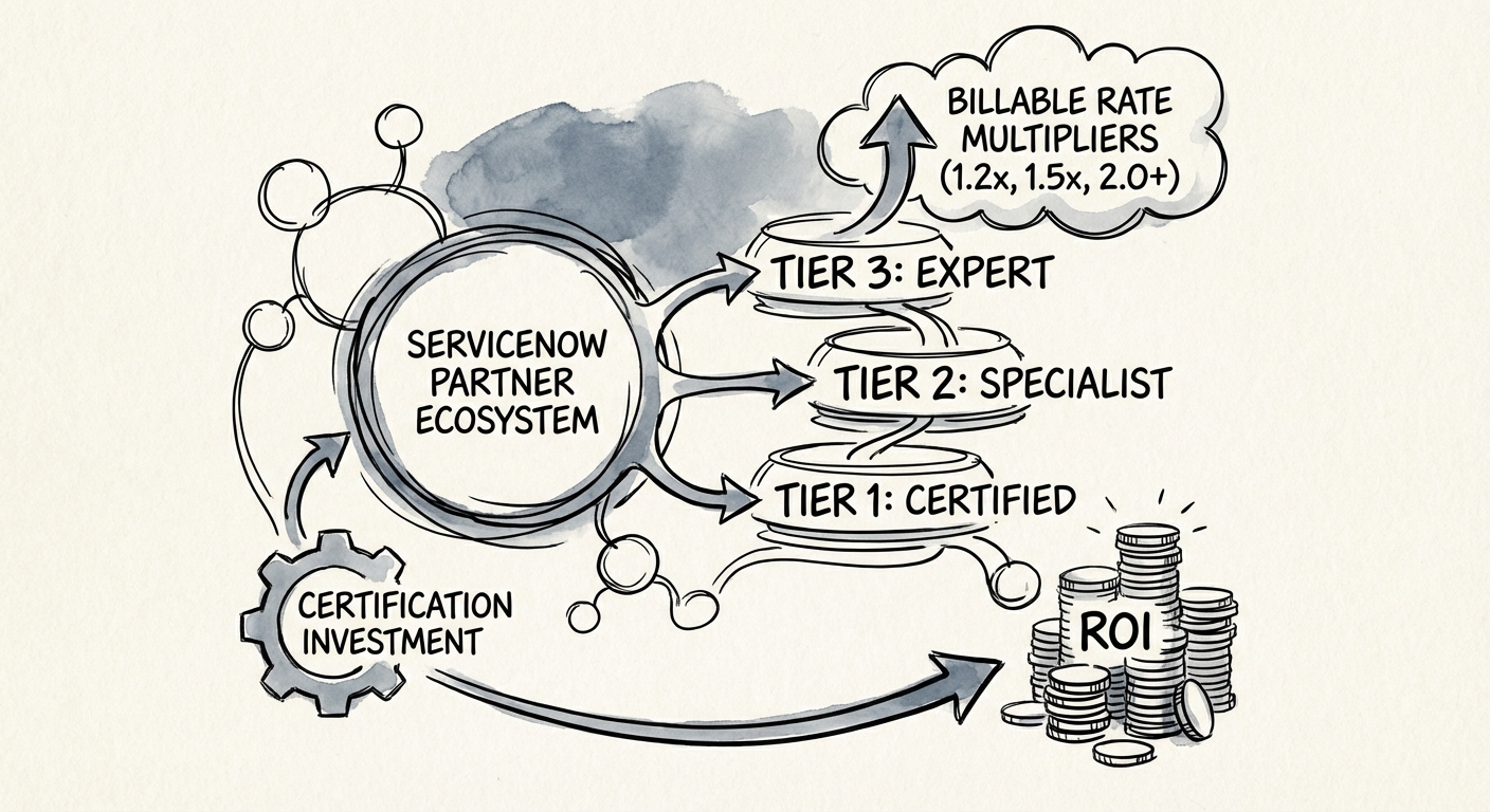 ServiceNow partner ecosystem map showing certification tiers and corresponding billable rate multipliers