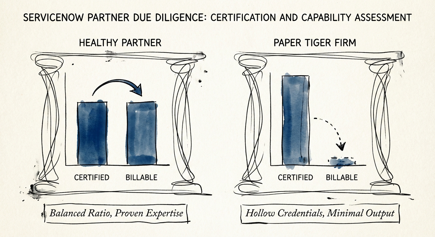 A comparison chart showing the 'Certified-to-Billable' ratio of a healthy ServiceNow partner versus a 'Paper Tiger' firm.