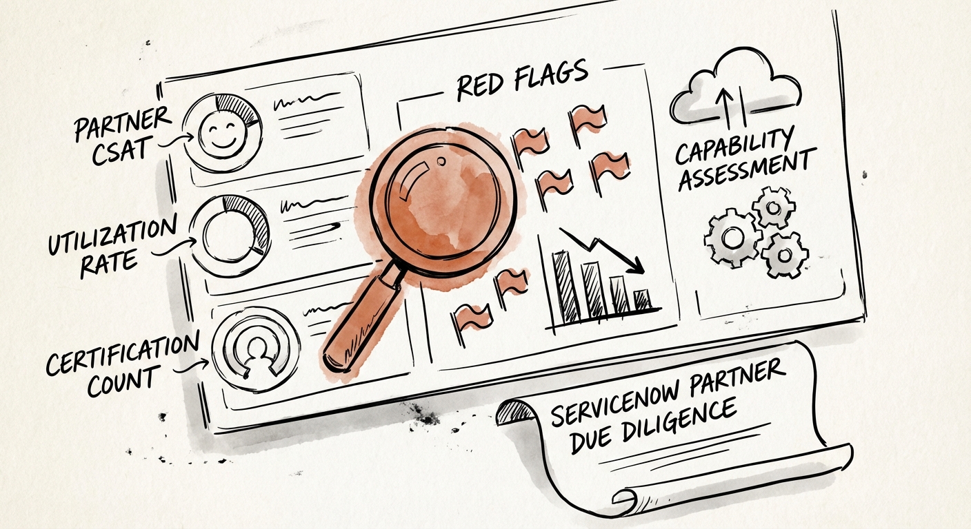 A dashboard displaying ServiceNow partner metrics including CSAT scores, utilization rates, and certification counts, highlighting red flags.